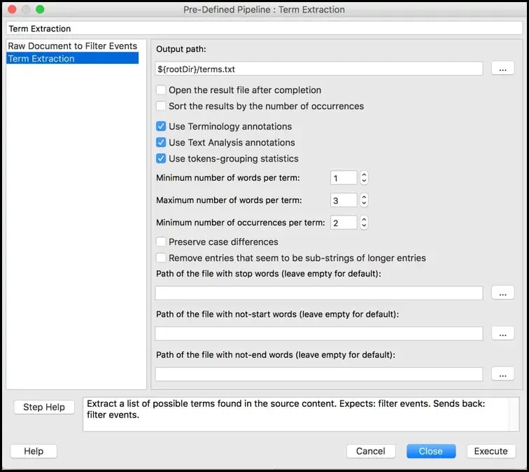 term extraction pipeline settings